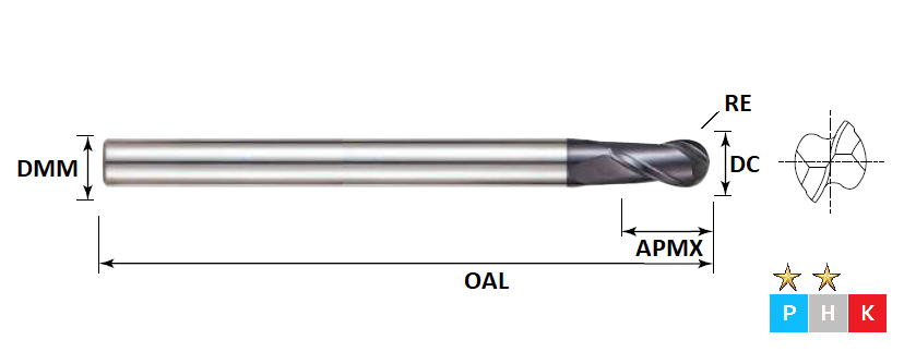 6.0mm 2 Flute Ball Nose (130mm Overall Length)Long Series Pulsar DMX Carbide Slot Drill